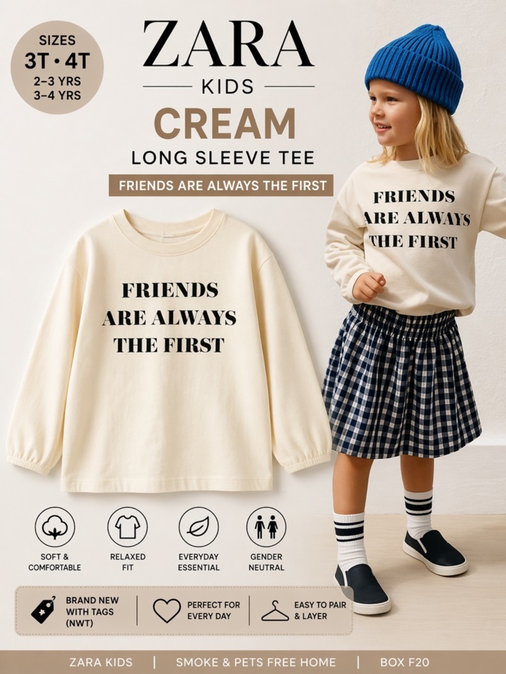 ZARA Kids Cream Friends Are Always the First Long Sleeve Tee NWT 3T 4T
